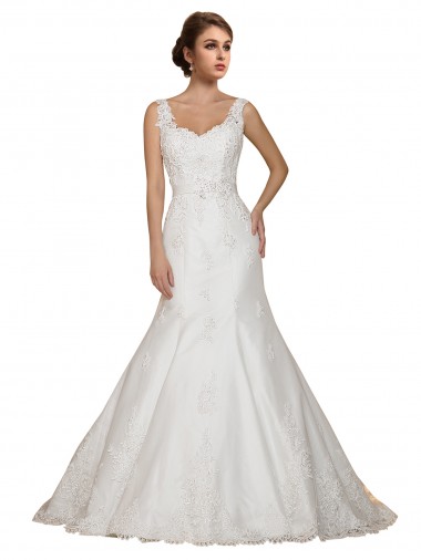 Cap Sleeves V-Neck Lace Ivory Chapel Train Wedding Dress Leicester
