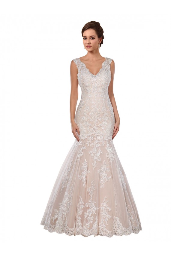 Sleeveless V-Neck Lace Ivory & Champagne Chapel Train Modern Wedding Dress Leicester