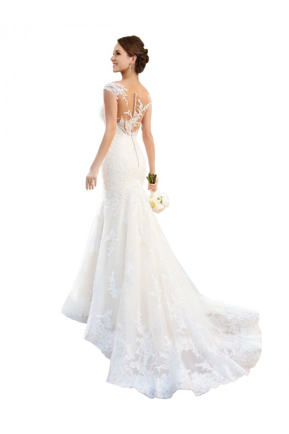 Cap Sleeves Illusion Neck Lace White Chapel Train Wedding Dress Leicester