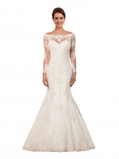 Long Sleeves Bateau Neck Lace Ivory Chapel Train Sexy Wedding Dress Leicester