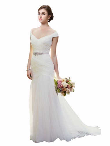 Sleeveless Off the Shoulder Tulle Ivory Chapel Train Beach Wedding Dress Leicester