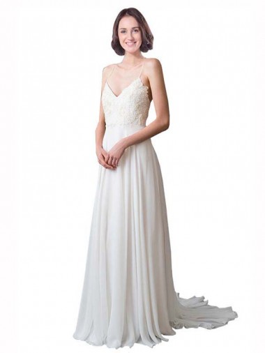Sleeveless V-Neck Soft Chiffon & Lace Ivory Chapel Train Beach Wedding Dress Leicester