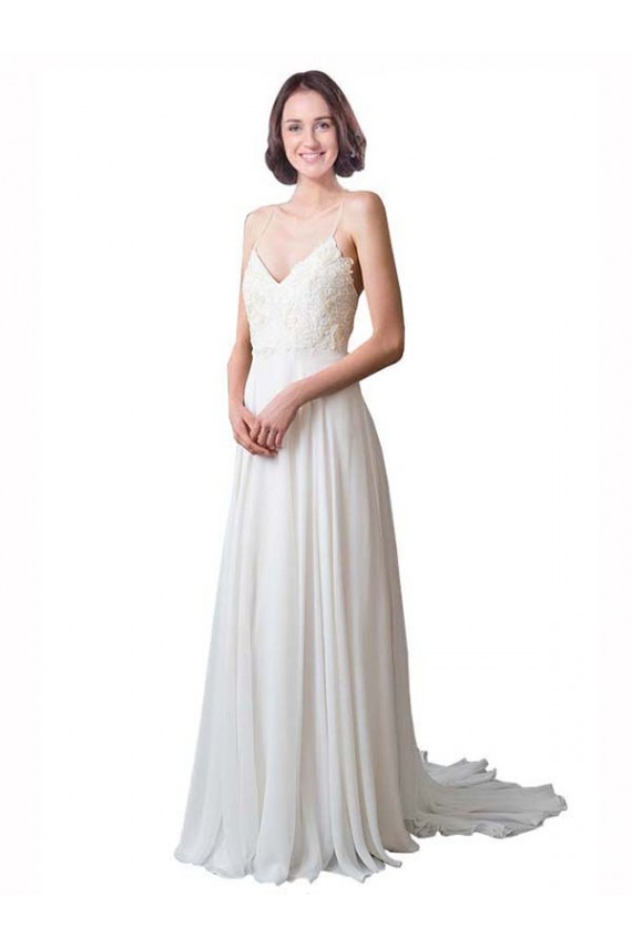 Sleeveless V-Neck Soft Chiffon & Lace Ivory Chapel Train Beach Wedding Dress Leicester