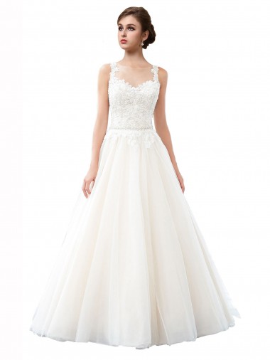 Sleeveless Illusion Neck Tulle & Lace Ivory Cathedral Train Beach Wedding Dress Leicester