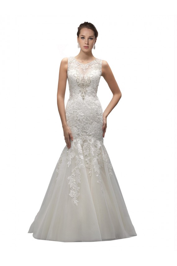 Sleeveless Illusion Neck Tulle & Lace Ivory Sweep Train Wedding Dress Leicester