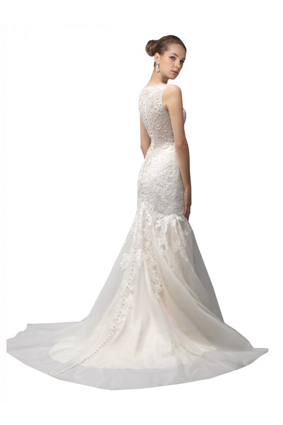 Sleeveless Illusion Neck Tulle & Lace Ivory Sweep Train Wedding Dress Leicester