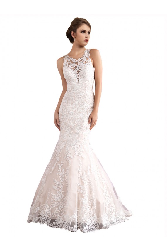 Sleeveless Illusion Neck Tulle & Lace Ivory & Champagne Cathedral Train Wedding Dress Leicester