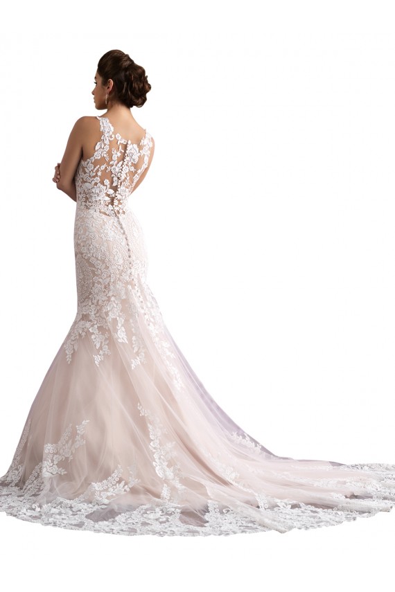 Sleeveless Illusion Neck Tulle & Lace Ivory & Champagne Cathedral Train Wedding Dress Leicester