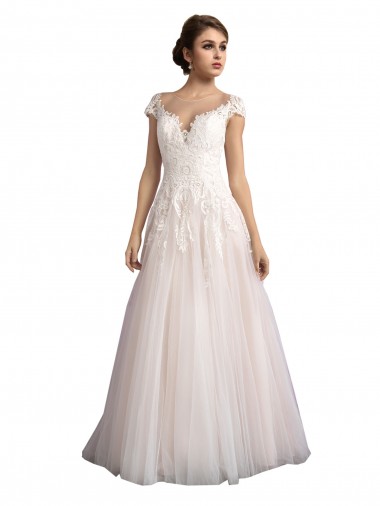 Cap Sleeves Illusion Neck Tulle & Lace Ivory & Champagne Cathedral Train Beach Wedding Dress Leicester