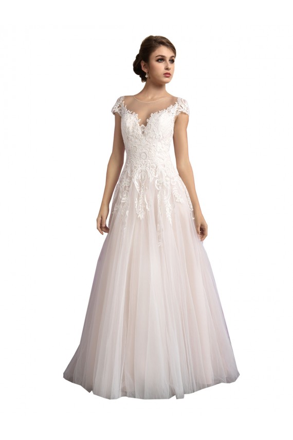 Cap Sleeves Illusion Neck Tulle & Lace Ivory & Champagne Cathedral Train Beach Wedding Dress Leicester
