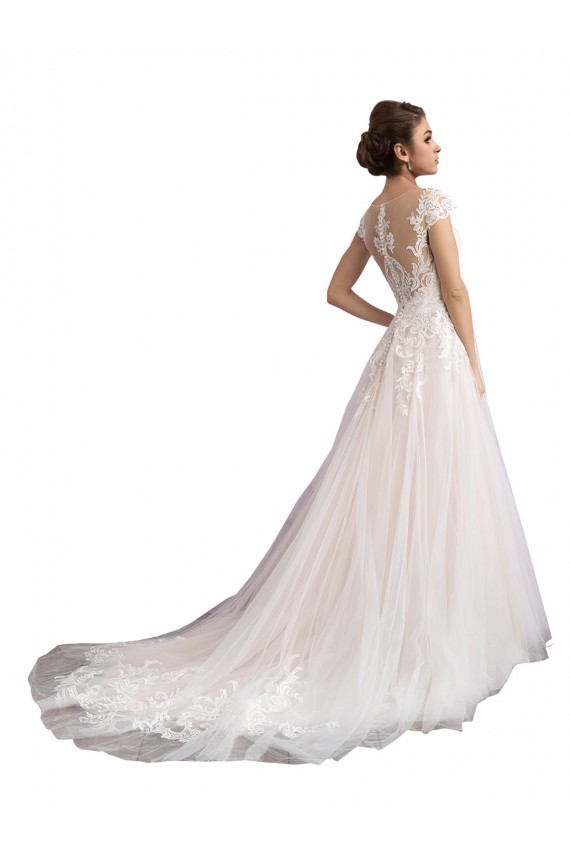 Cap Sleeves Illusion Neck Tulle & Lace Ivory & Champagne Cathedral Train Beach Wedding Dress Leicester