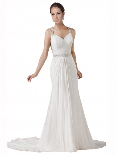 Sleeveless Sweetheart Soft Chiffon White Chapel Train Beach Wedding Dress Leicester