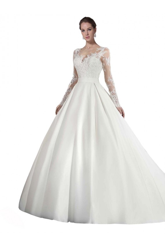 Long Sleeves Illusion Neck Satin & Lace White Cathedral Train Wedding Dress Leicester