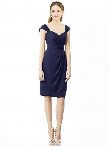 Cap Sleeves Sweetheart Soft Chiffon Dark Navy Knee Length Bridesmaid Dress Leicester