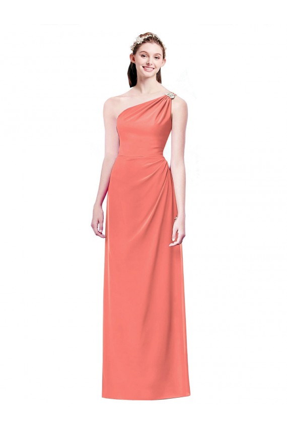 Sleeveless One Shoulder Soft Chiffon Coral Long Bridesmaid Dress Leicester