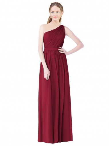 Sleeveless One Shoulder Soft Chiffon Burgundy Long Bridesmaid Gown Leicester