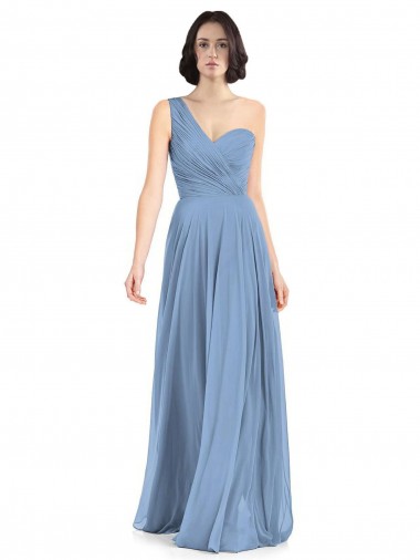 Sleeveless One Shoulder Soft Chiffon Dusty Blue Long Formal Dress / Bridesmaid Dress Leicester