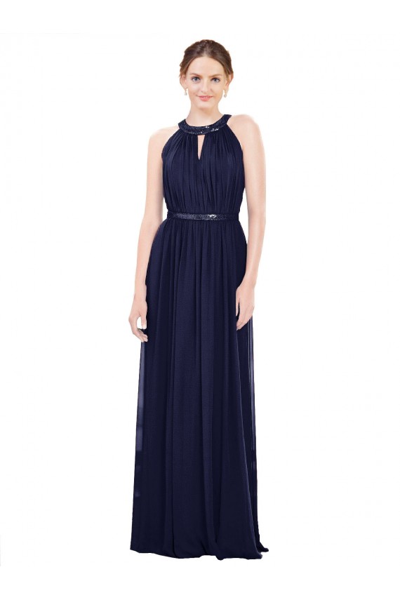Sleeveless High Neck Soft Chiffon Dark Navy Long Bridesmaid Dress / Formal Dress Leicester