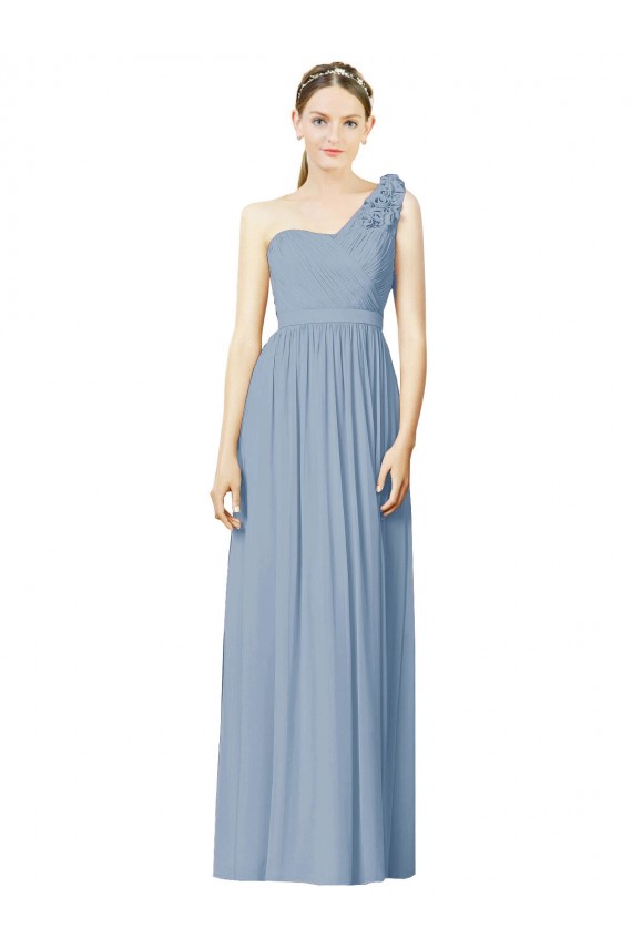 Sleeveless One Shoulder Soft Chiffon Dusty Blue Long Bridesmaid Dress Leicester