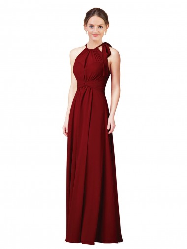 Sleeveless Halter Neck Soft Chiffon Burgundy Sheath Long Bridesmaid Dress Leicester