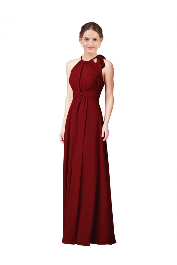 Sleeveless Halter Neck Soft Chiffon Burgundy Sheath Long Bridesmaid Dress Leicester