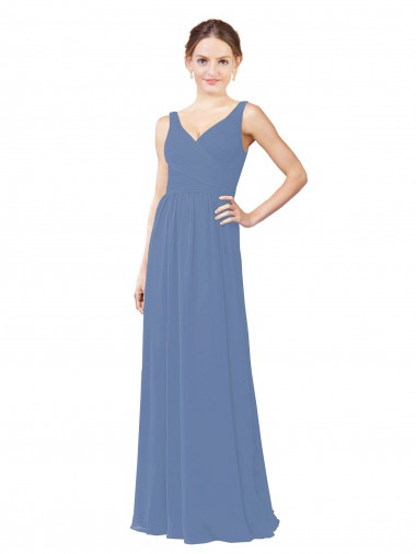 Sleeveless V-Neck Soft Chiffon Windsor Blue Long Bridal Party Dress Leicester