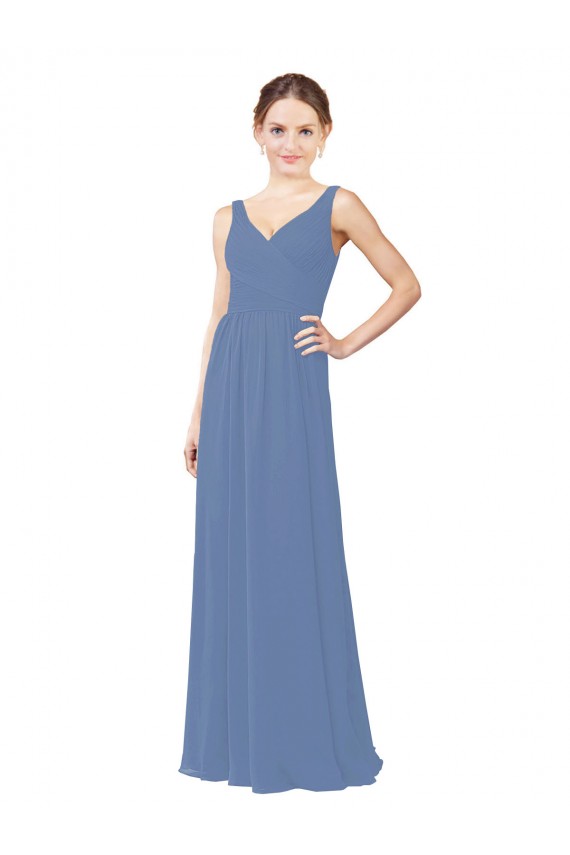 Sleeveless V-Neck Soft Chiffon Windsor Blue Long Bridal Party Dress Leicester