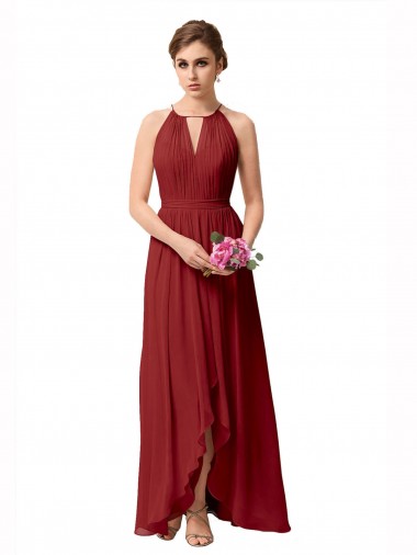 Sleeveless High Neck Soft Chiffon Burgundy High Low Bridesmaid Dress Leicester