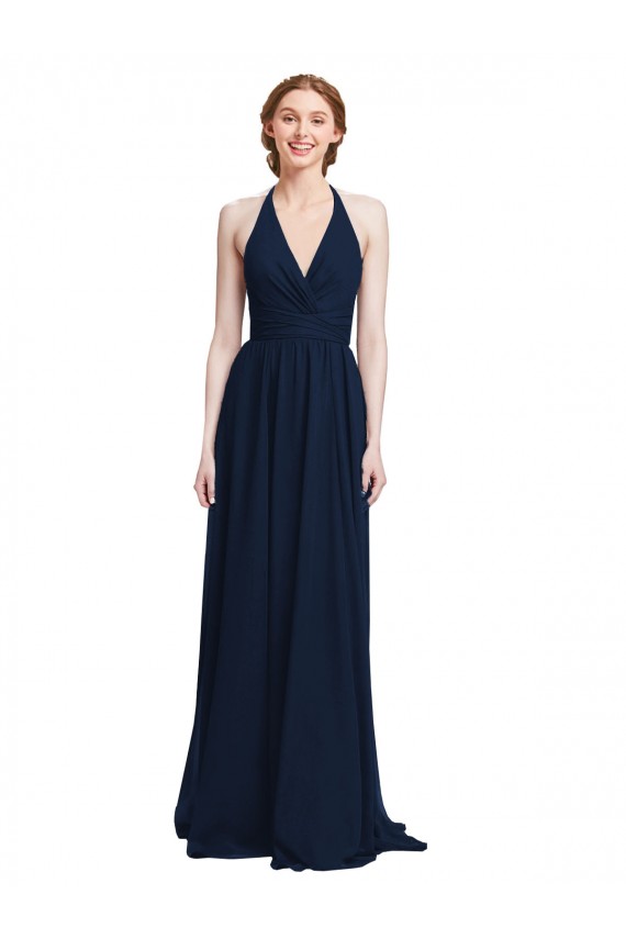 Sleeveless V-Neck Chiffon Dark Navy Long Formal Dress / Bridesmaid Dress Leicester