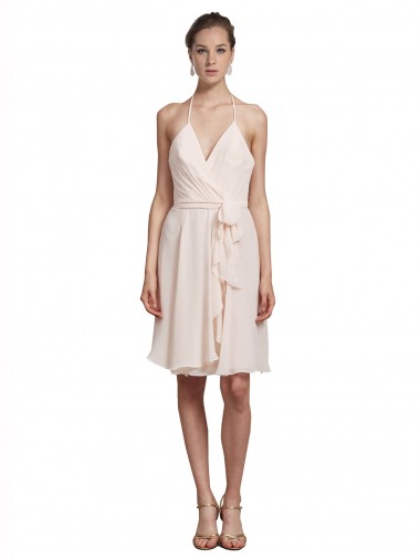 Sleeveless V-Neck Soft Chiffon Cream Pink Knee Length Bridesmaid Dress Leicester