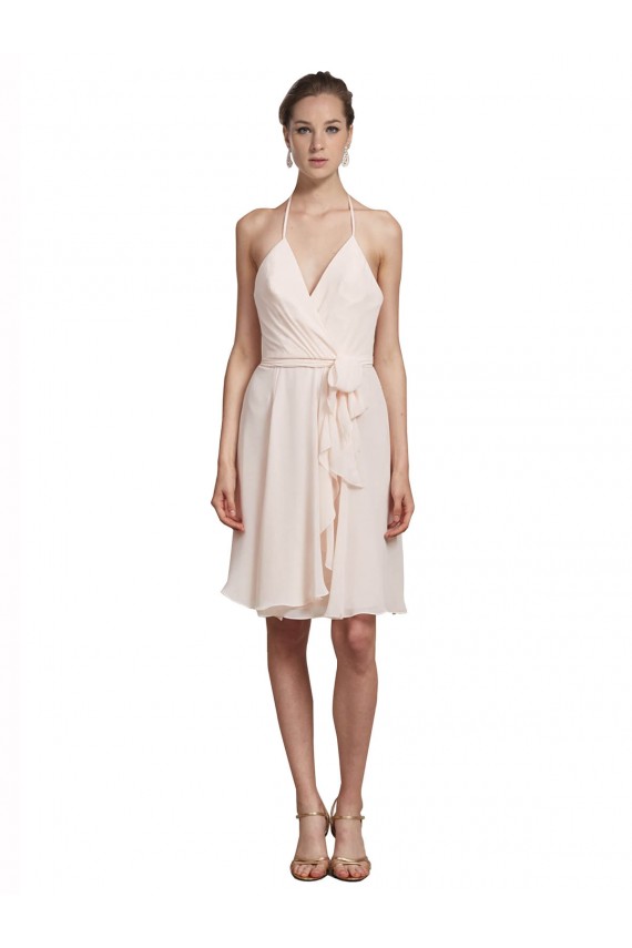 Sleeveless V-Neck Soft Chiffon Cream Pink Knee Length Bridesmaid Dress Leicester