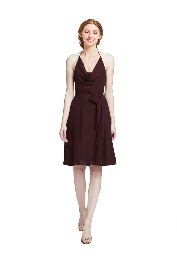 Sleeveless Halter Neck Soft Chiffon Burgundy Gold Knee Length Bridesmaid Dress Leicester