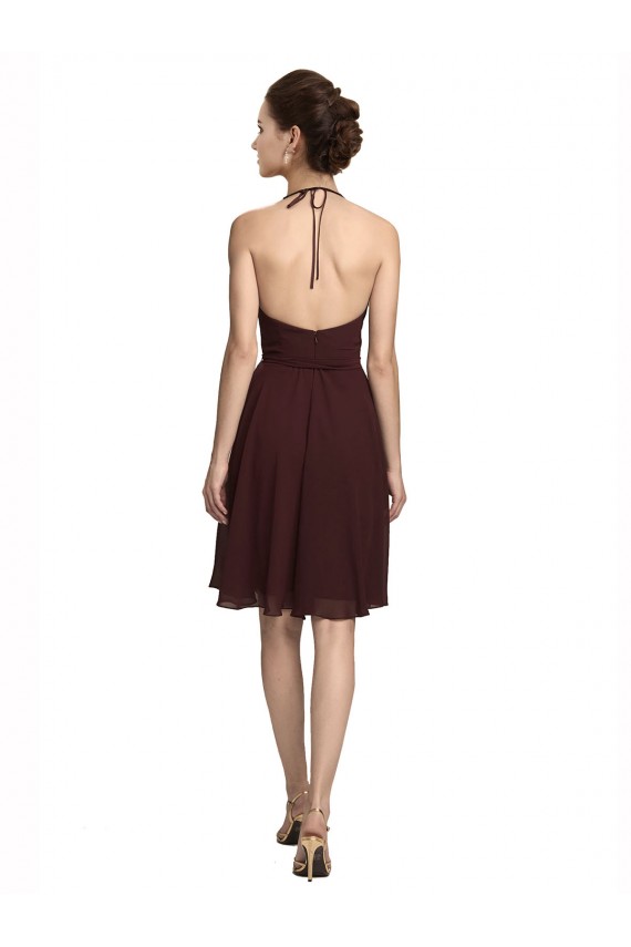 Sleeveless Halter Neck Soft Chiffon Burgundy Gold Knee Length Bridesmaid Dress Leicester