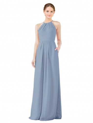 Sleeveless High Neck Soft Chiffon Dusty Blue Long Bridesmaid Dress Leicester