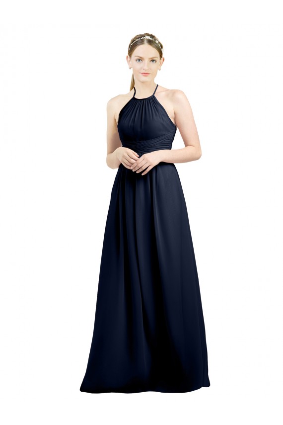 Sleeveless High Neck Soft Chiffon Dark Navy Long Evening Gowns / Bridesmaid Dress Leicester