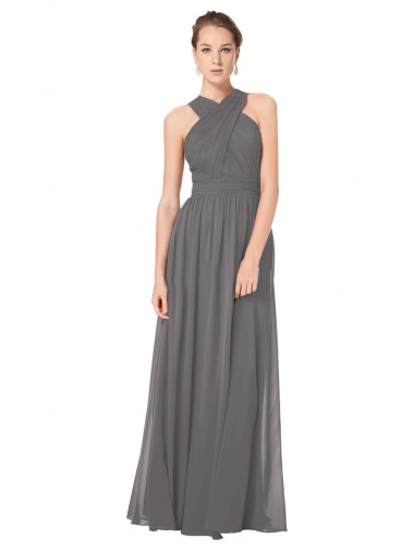 Sleeveless Halter Neck Soft Chiffon Stormy Silver Long Bridesmaid Dress Leicester