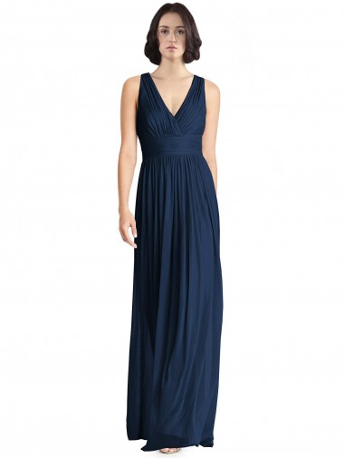 Sleeveless V-Neck Chiffon Dark Navy Long Floor Length Bridesmaid Dress Leicester