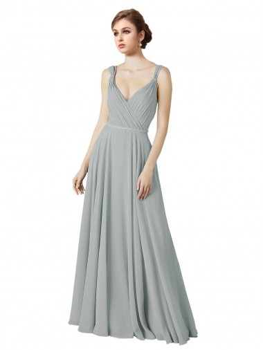 Sleeveless V-Neck Chiffon Silver Long Bridesmaid Dress / Evening Dress Leicester