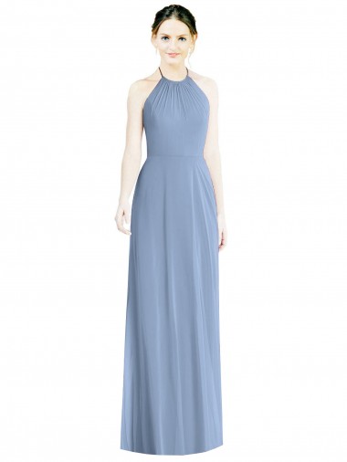 Sleeveless Halter Neck Chiffon Dusty Blue Long Floor Length Bridesmaid Dress Leicester