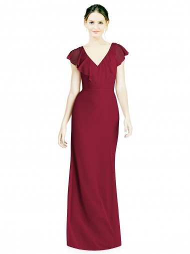Sleeveless V-Neck Soft Chiffon Burgundy Trumpet Long Bridesmaid Dress Leicester