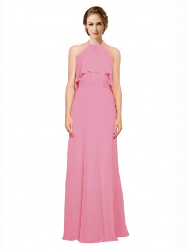 Sleeveless High Neck Soft Chiffon Skin Pink Long Bridesmaid Dress Leicester