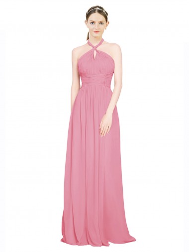 Sleeveless V-Neck Chiffon Skin Pink Long Bridesmaid Dress / Evening Dress Leicester