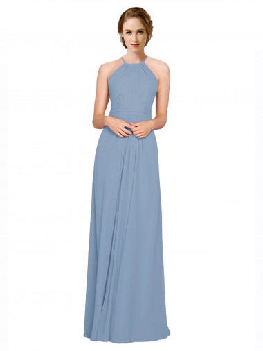 Sleeveless High Neck Chiffon Dusty Blue Long Bridesmaid Dress / Evening Dress Leicester