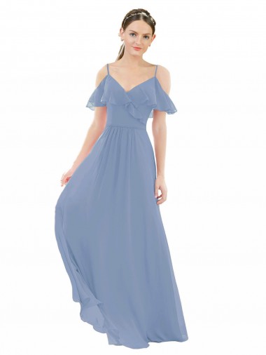 Cap Sleeves V-Neck Lxue Chiffon Dusty Blue Long Bridesmaid Dress Leicester