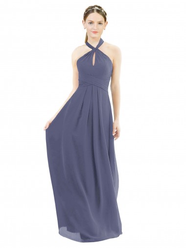Sleeveless Halter Neck Soft Chiffon Silver Stone Long Bridesmaid Dress Leicester