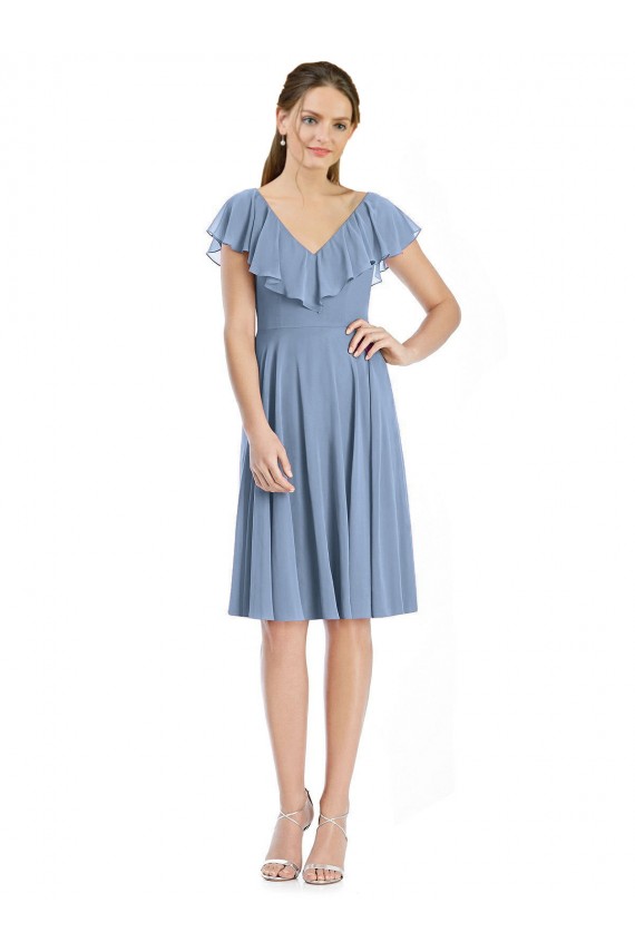 Cap Sleeves V-Neck Soft Chiffon Dusty Blue Cocktail Length Bridesmaid Dress Leicester