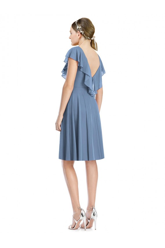 Cap Sleeves V-Neck Soft Chiffon Dusty Blue Cocktail Length Bridesmaid Dress Leicester