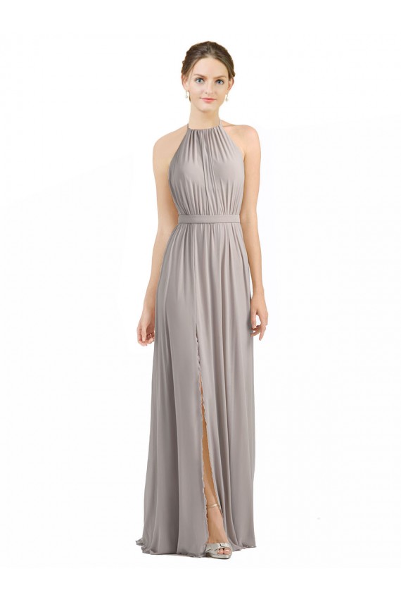 Sleeveless Halter Neck Soft Chiffon Oyster Silver Long Bridesmaid Dress Leicester