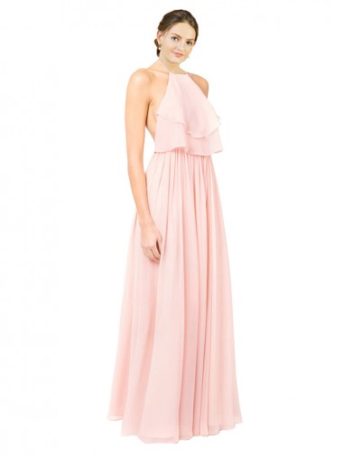 Sleeveless Halter Neck Soft Chiffon Pink Long Formal Dress / Bridesmaid Dress Leicester
