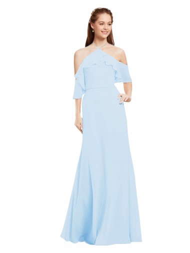 Cold Shoulder Halter Neck Soft Chiffon Light Sky Blue Long Formal Dress / Bridesmaid Dress Leicester